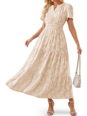 Women's Beige Short Puff Sleeve V Neck Smocked Empire Waist Imported Maxi Dress